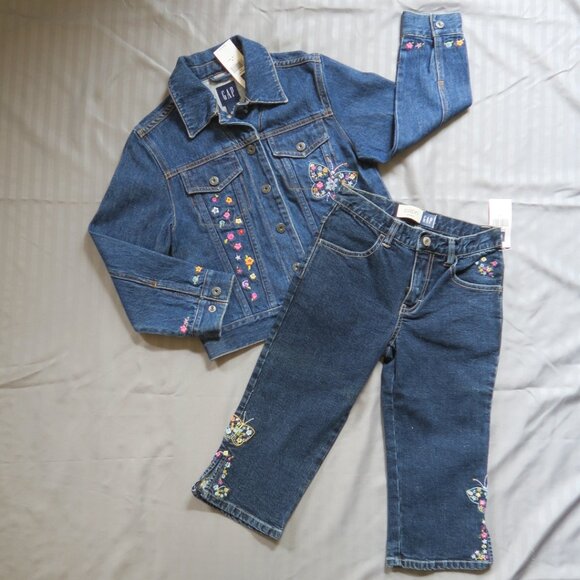 GapKids Girls Denim Jacket/Capri Butterflies & Flowers Outfit Sz 5/6 & 6 NWT